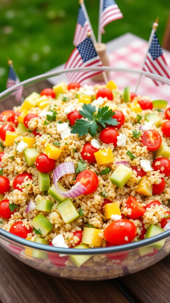 Colorful quinoa salad with tomatoes, cucumbers, bell peppers, and feta cheese in a bowl, on a festive 4th of July picnic table.
